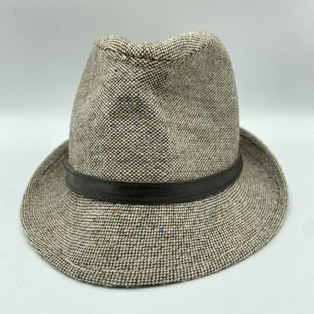 Tweed Fedora Hat Light Brown‎ with Faux Leather Skinny Band - Picture 5 of 12
